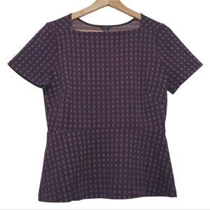 Ann Taylor | Peplum Square Neckline Checkered Short Sleeve Structured Top
